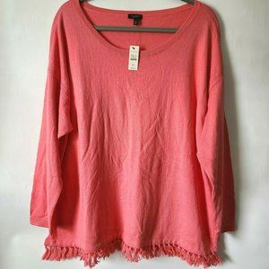 Talbots Long Sleeve Scoop Neck Sweater Top Size 2XP Pink Fringe Hem Slit NWT